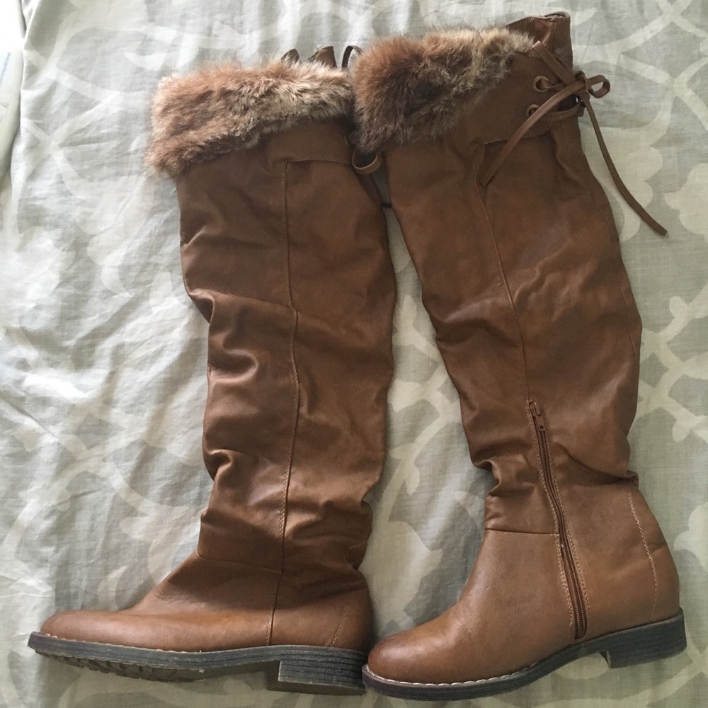 Tan Tall Fur Leather Boots